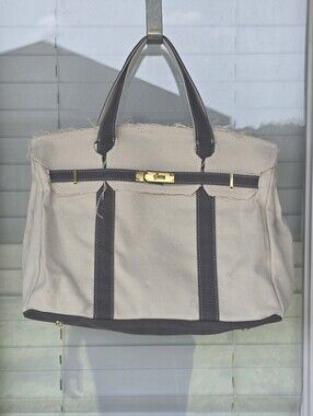 Boatskin Canvas Bag Beige Brown Large Tote Gold Tone Hardware Raw Edge